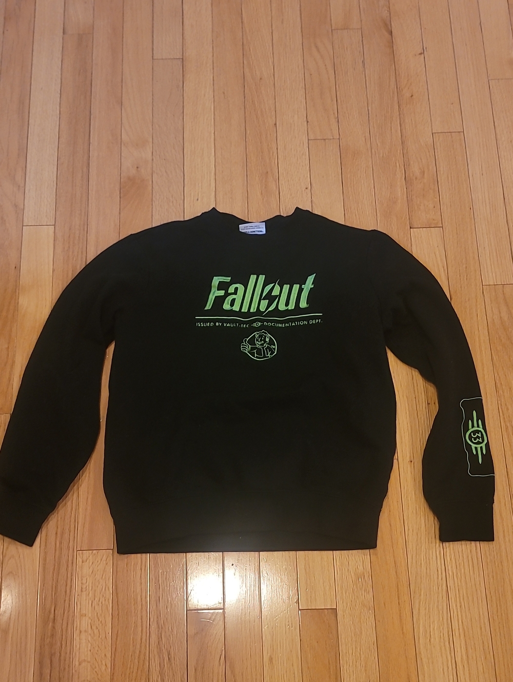 Fallout Logo Black Crewneck with Neon Green Print On Front and On Left Sleeve